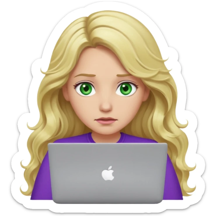lady with long blonde wavy hair, purple top, green eyes throwing her with a laptop looking exhausted sticker