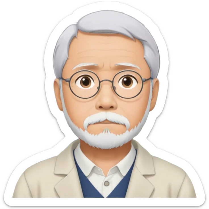Hayao Miyazaki (filmmaker) – Cinematic Realistic Portrait of Hayao Miyazaki, portrayed with gentle, wise eyes and a thoughtful expression, set against a backdrop of whimsical sketches and animated landscapes reminiscent of Studio Ghibli, rendered with soft natural lighting and rich, detailed textures that evoke creative magic. sticker