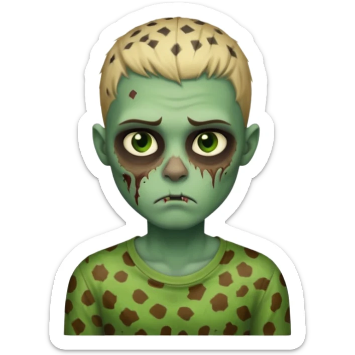 Zombie boy with green skin and sleepy eyes and scars on his face and a shirt that has cheetah texture sticker