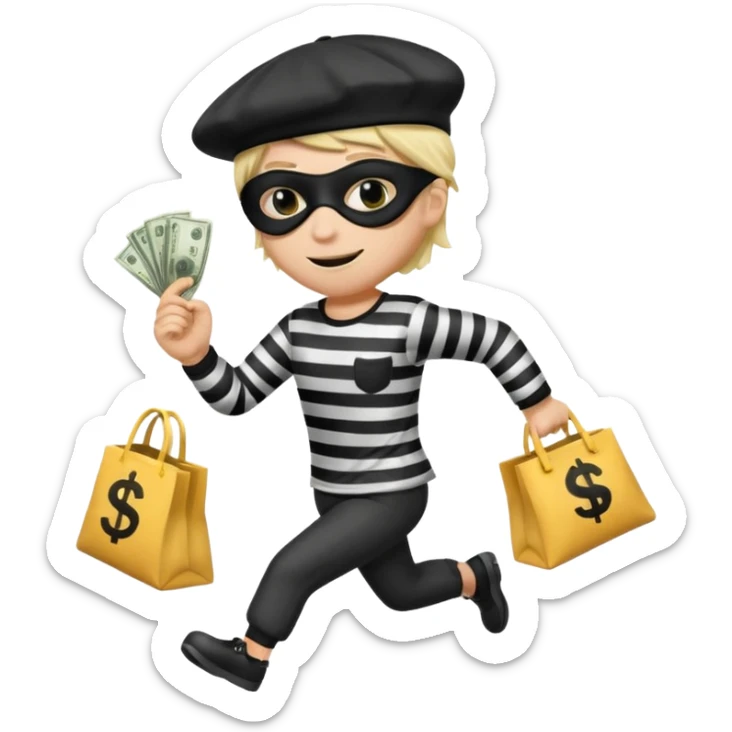 running emoji of a classic burglar, a black eye mask (looks like a blindfold) and a black-and-white striped shirt. emoji-like hair, black hat, ONE bag of money 💰 with a dollar sign in a hand sticker