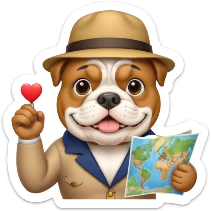 english bulldog as a cheerful tour guide, wearing a hat and holding a map sticker
