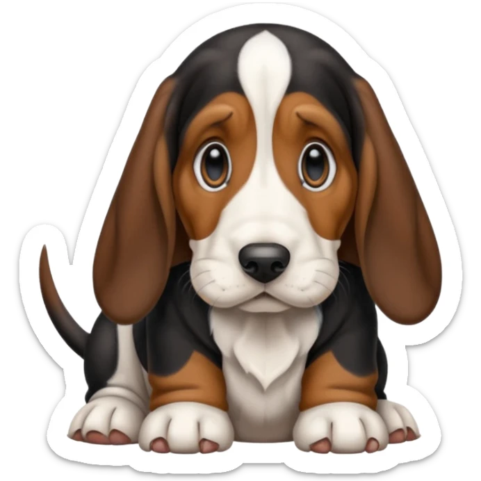 Tricolor black brown and white basset hound puppy sticker