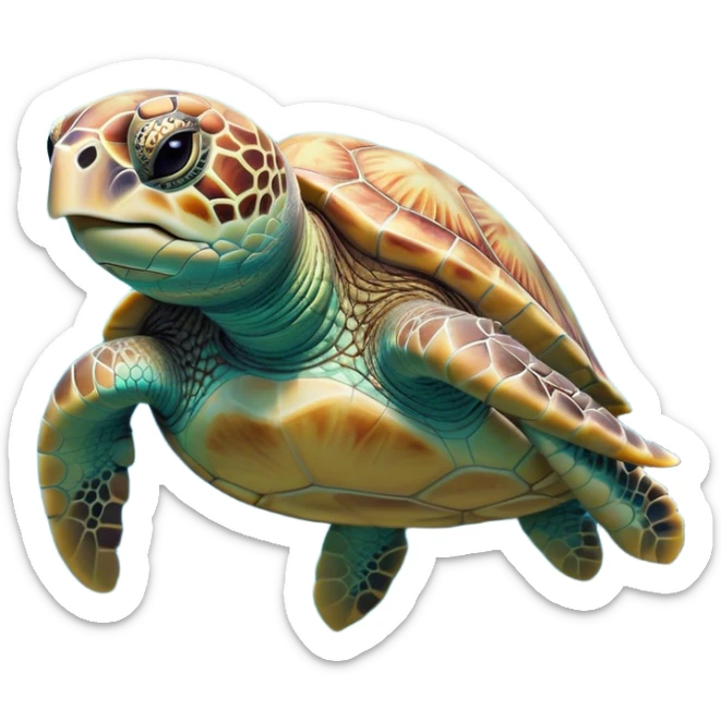Cinematic Realistic Cute Sea Turtle Portrait Emoji, Head tilted playfully and inquisitively, featuring a compact, gentle form with a beautifully detailed shell adorned with natural patterns and a soft, expressive face with sparkling eyes, rendered with realistic textures and warm ambient light; high shine, affectionate and spirited, styled with a touch of marine whimsy, soft glowing outline, capturing the essence of a mischievous yet lovable sea turtle that seems ready to swim playfully into your arms! sticker
