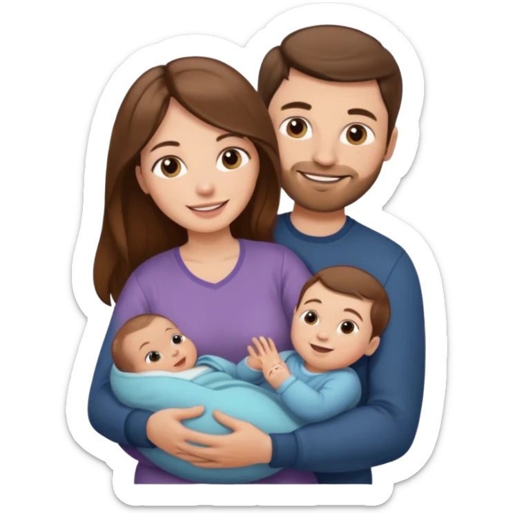 "Woman with long brown hair and fair skin holding a baby. And man with short brown hair and fair skin, without a mustache, holding a child. Smiling." sticker