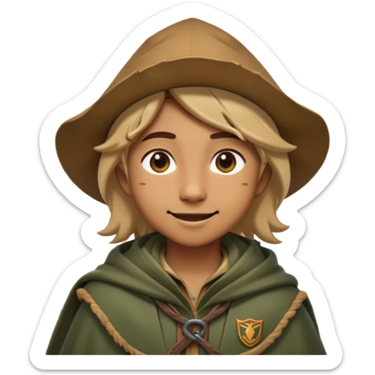 Clash of Clans aesthetic Playful Ranger Portrait Emoji, Head tilted with a friendly, mischievous smile and bright, curious eyes, featuring a compact, nimble build outfitted in rugged, earthy gear and a stylish cloak, his natural skin tone adding authenticity, Simplified yet irresistibly charming features, highly detailed, glowing with a warm, inviting forest glow, high shine, spirited and lively, stylized with an air of whimsical woodland adventure, soft glowing outline, capturing the essence of a playful ranger exuding friendly natural charm! sticker