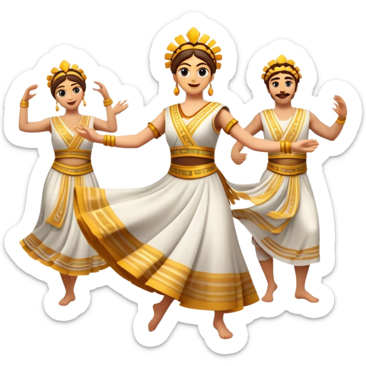Cinematic Realistic Sirtaki Dance Emoji, depicted as a vibrant traditional Greek dance scene with flowing movements and expressive costumes, rendered with dynamic textures and warm festive lighting that captures its cultural exuberance. sticker