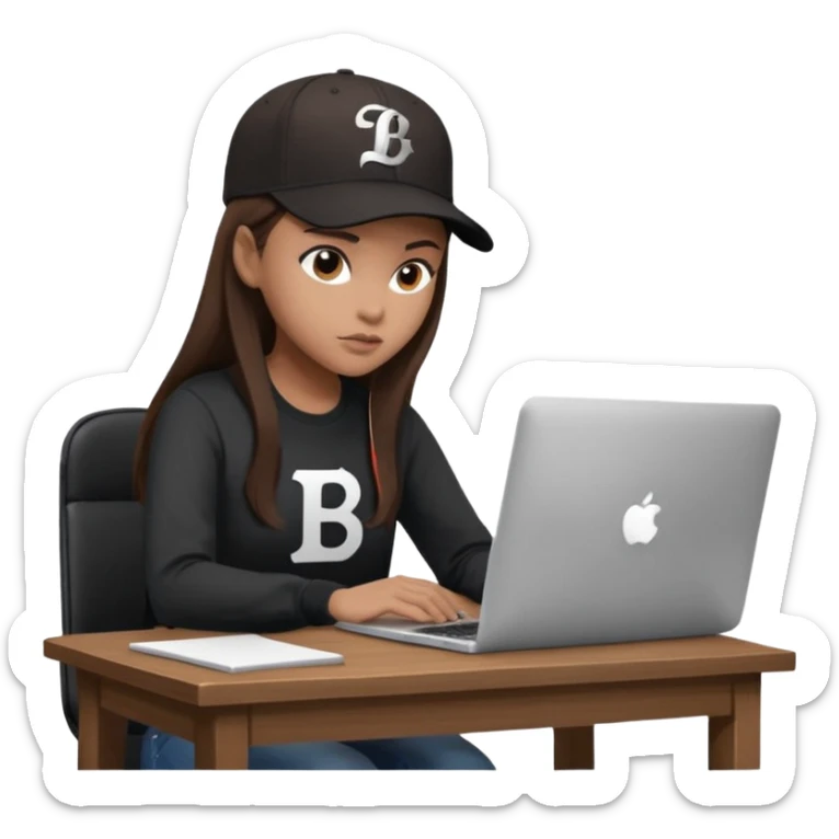 A professional 3D avatar of a young woman with light brown skin and long, dark brown hair, wearing a dark, long-sleeved shirt and a black baseball cap with a prominent white 'B' logo. She's sitting at a sleek wooden desk, typing on a silver MacBook. sticker