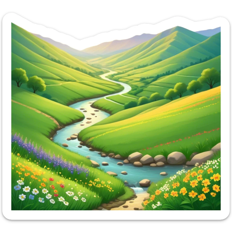 Cinematic Realistic Valley Emoji, Lush and serene, with gently sloping hills surrounding a vibrant green valley filled with wildflowers and a small stream. The soft, golden sunlight filters through the valley, casting peaceful, warm shadows across the landscape. Soft glowing outline, capturing the essence of natural peace and gentle beauty in a sprawling valley. sticker