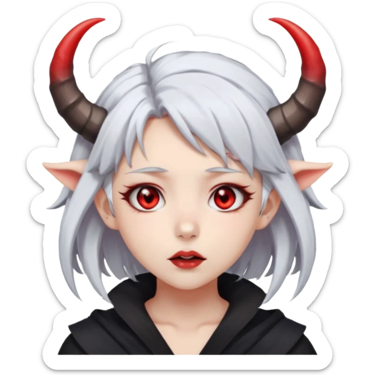 Dark style anime girl with white hair and red eyes, with horns on her head . There is an emotion of inhalation on the face sticker