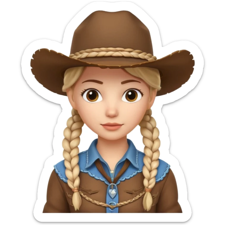 cute cowgirl portrait, head and shoulders only, cowboy hat, braided hair, western outfit collar, confident expression, 3D cartoon, mobile game icon style, clean background, no text, no watermark
 sticker
