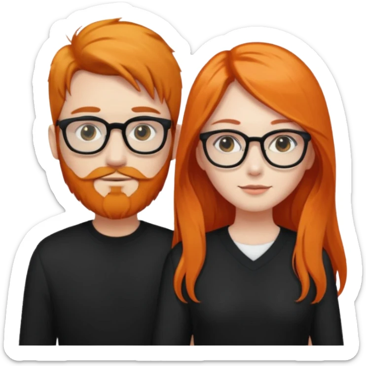 girl with long orange hair wearing no glasses and all black clothes and holding hands with boy with black hair and beard and glasses and pale skin sticker