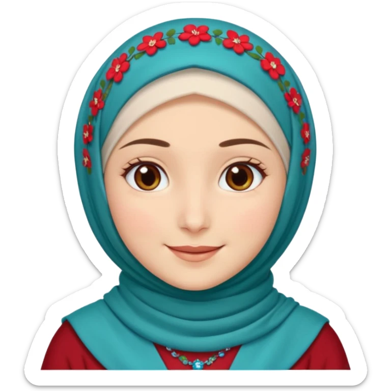 Turkish beautiful finish Konya girl brown eyes white skin with red blue green mini flowers hijab and brown islamic dress and smiles sticker