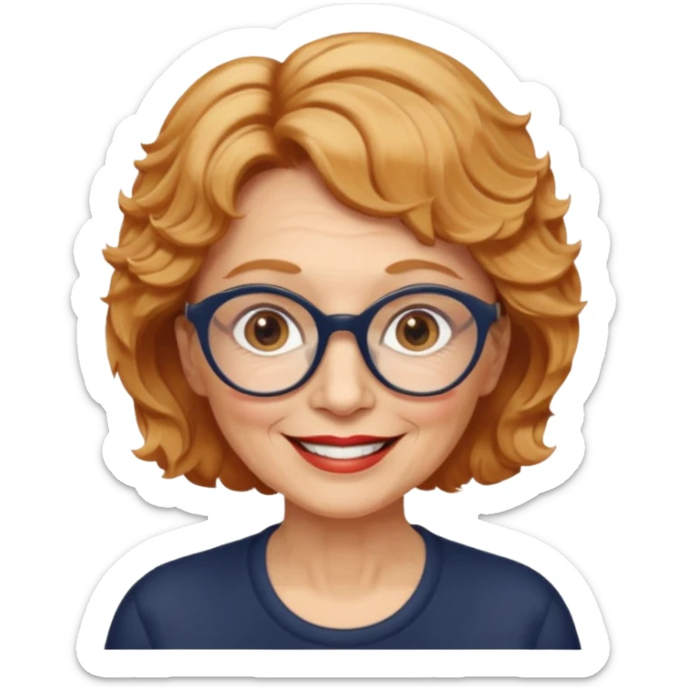 woman 70 years old, very short strawberry blonde weavy hair, brown eyes and round dark glasses smile sticker