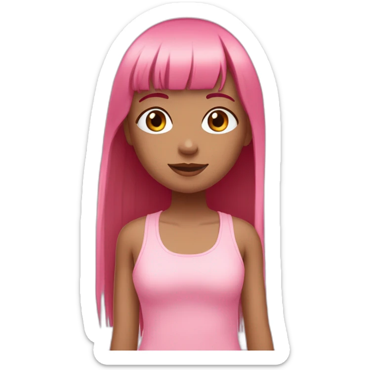 cute girl with dark brown eyes and long, straight rose hair with fringe and wearing pink tank top sticker