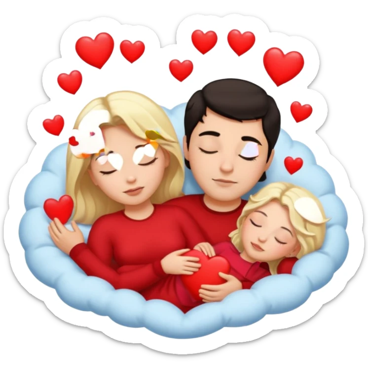 Sleeping romance couple. man has dark hair. woman is blonde. hearts surrounding them. no third person. sticker