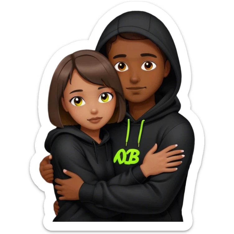 cyberpunk a girl with brown hair, a bob haircut, hugs a guy by the neck, both in black hoodies with neon sticker