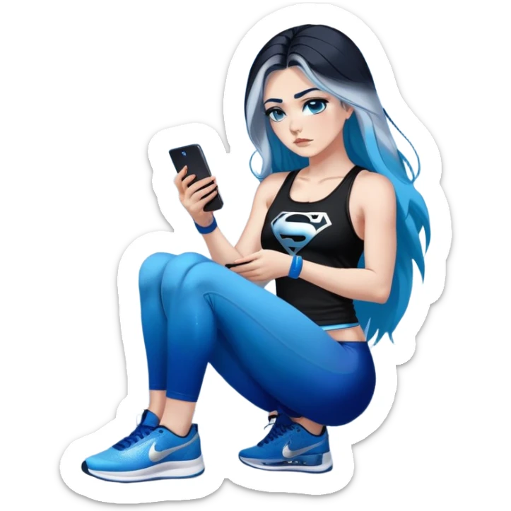 Shameful disappointed crying-very very very very big chest-texting on a samsung cell phone-very long straight flowing black to sky blue hair ombre-blue eyes-black eyeliner-long eyelashes-plastic sparkling sky blue very low cut tank top with sparkling superman logo-black leggings-nike sneakers sticker