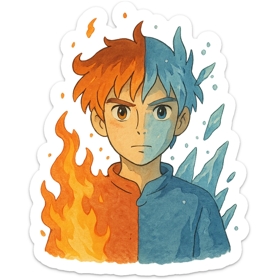ghibli style illustration of a character with one side fiery and the other frosty, showing hot but cold sticker