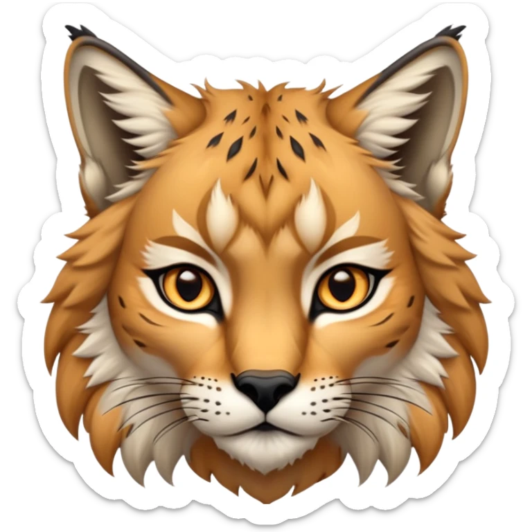 Cinematic-Noble-Lynx-Portrait-Emoji – Poised and regal, with a strong, agile build and a strikingly patterned fur of warm tawny fur accented by bold black ear tufts, deep-set, intelligent amber eyes, simplified yet sharp and sophisticated. zoomed out sticker