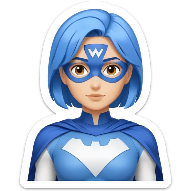 A close-up emoji of a friendly woman with blue hair wearing a minimalist blue and white superhero costume. The costume has a large empty area on the chest for the logo, uses only blue and white colors, and has minimal details. sticker