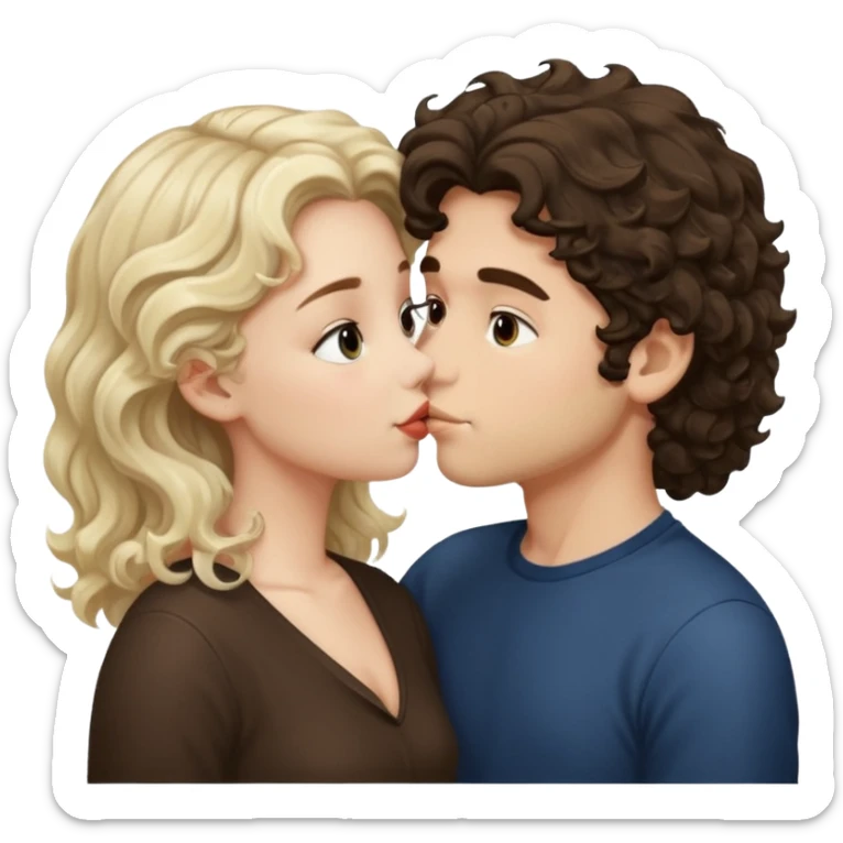 White Italian boy with dark brown wavy fluffy hair and blonde girl that's pale with wavy hair kissing sticker