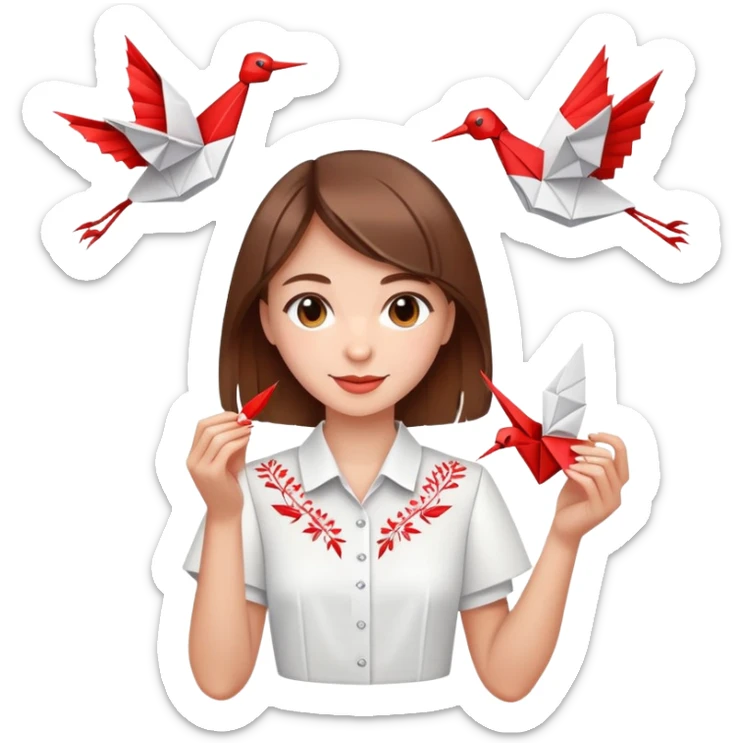 A happy Ukrainian young girl with brown hair in a white embroidered shirt makes an origami red crane craft sticker