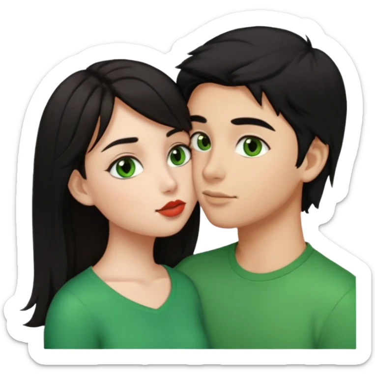 a girl with black hair and green eyes kissing a boy with brown hair and brown eyes, emoji style sticker