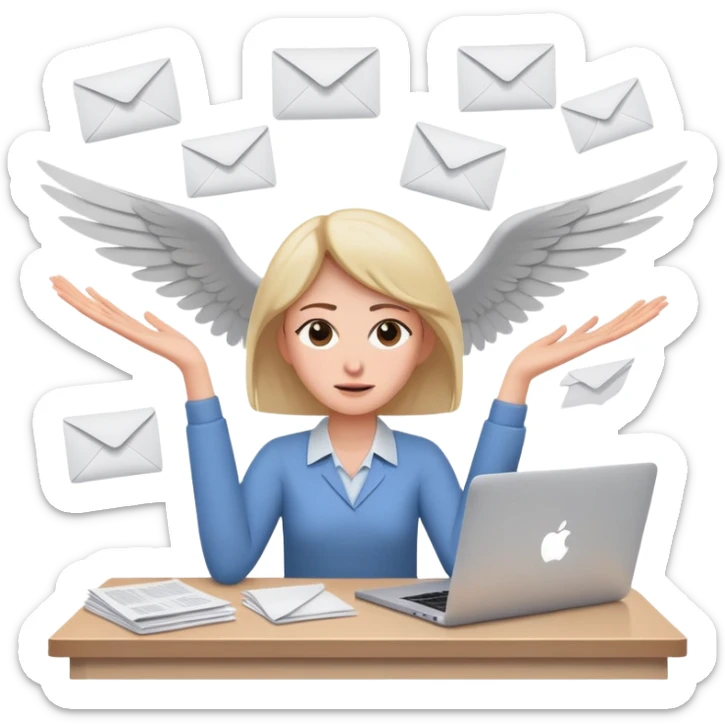 tired woman sitting at a desk with a MacBook, holding her arms out to the side, surrounded by flying papers sticker