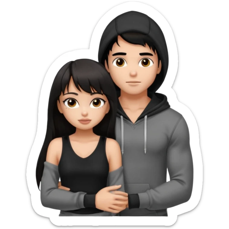 generate a pretty bratz girl in black cami top, dark brown straight long hair with bangs, eyeliner on, 

hugging a handsome muscular boy with black hair and a grey hoodie sticker
