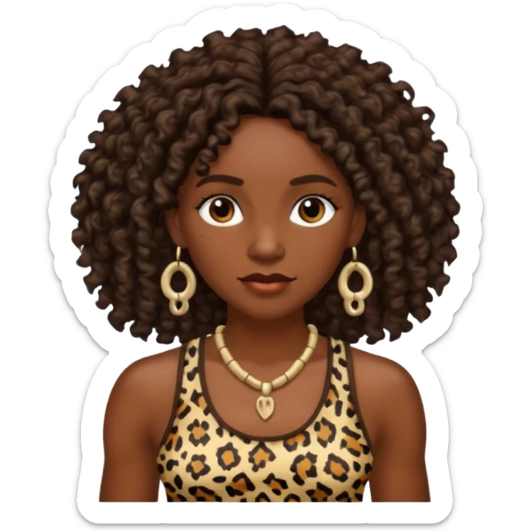 cavewoman with dark brown curly hair wearking animal print tank top and accessories sticker