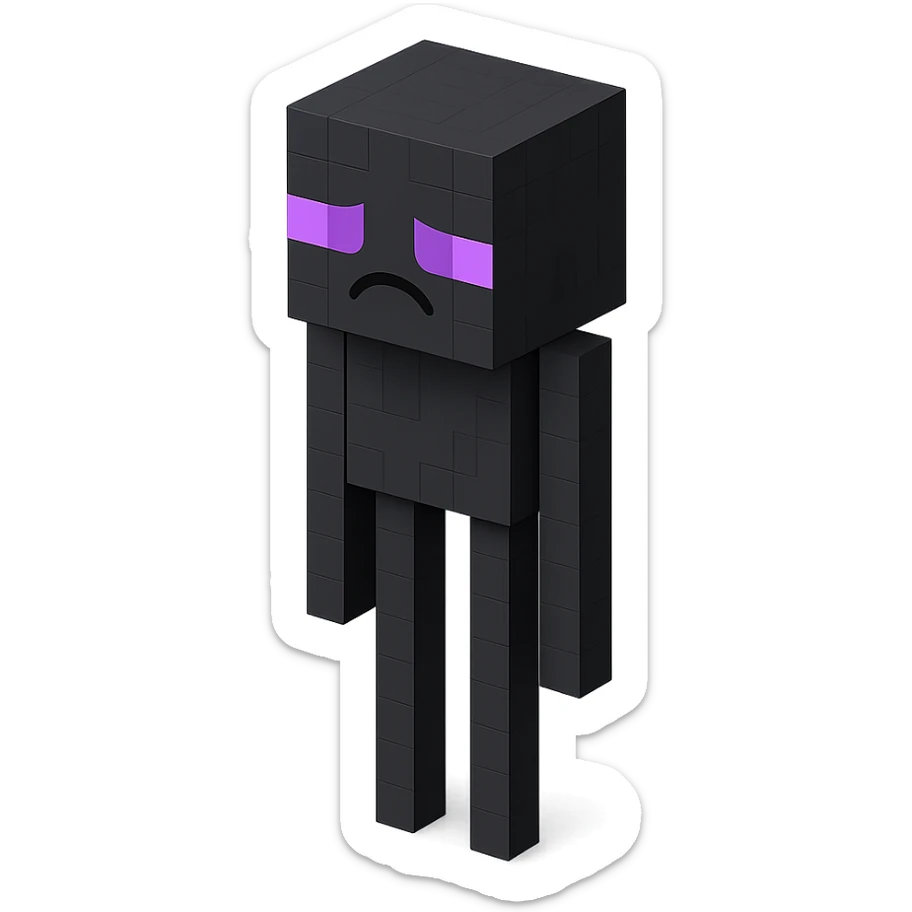 Minecraft Enderman, 3D blocky voxel style, tall and black with purple eyes, facing forward, sad expression, classic Minecraft look sticker