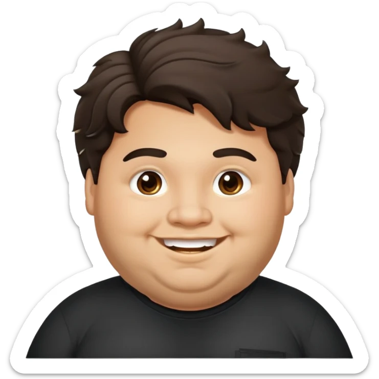 Joven obese, pelo largo, cuerpo grande, latino piel canela, cara redonda-ancha, scruff sin barba completa, cejas gruesas, pelo oscuro ondulado flat largo hasta el cuello. Sonrisa amplia, expresión alegre. Camisa negra. Size large.  sticker