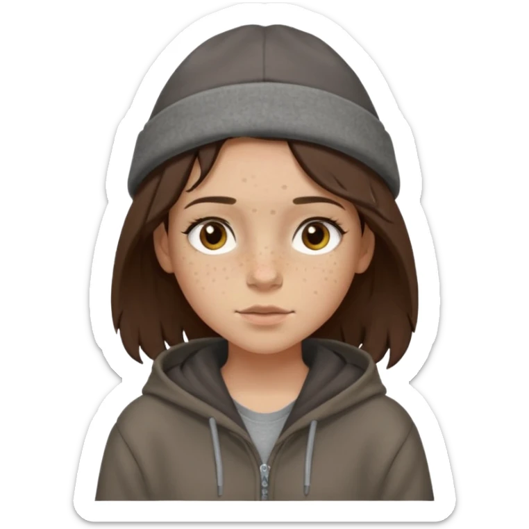 Hobo tomboy with light skin, freckles, shoulder-length center-parted dark brown hair. brown eyes, dark dull brown hoodie, grey shirt. Bolero hat sticker