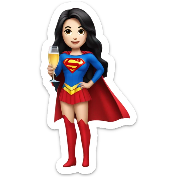 White girl in a superwoman costume with long black hair holding a champagne bottle sticker