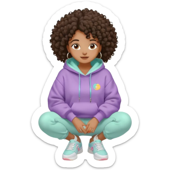 Black girl, clean girl aesthetic, 4C curly hair in a puff, pastel hoodie, white sneakers, minimal jewelry, soft smile, cozy vibe, bright colors comendo panquecas sticker