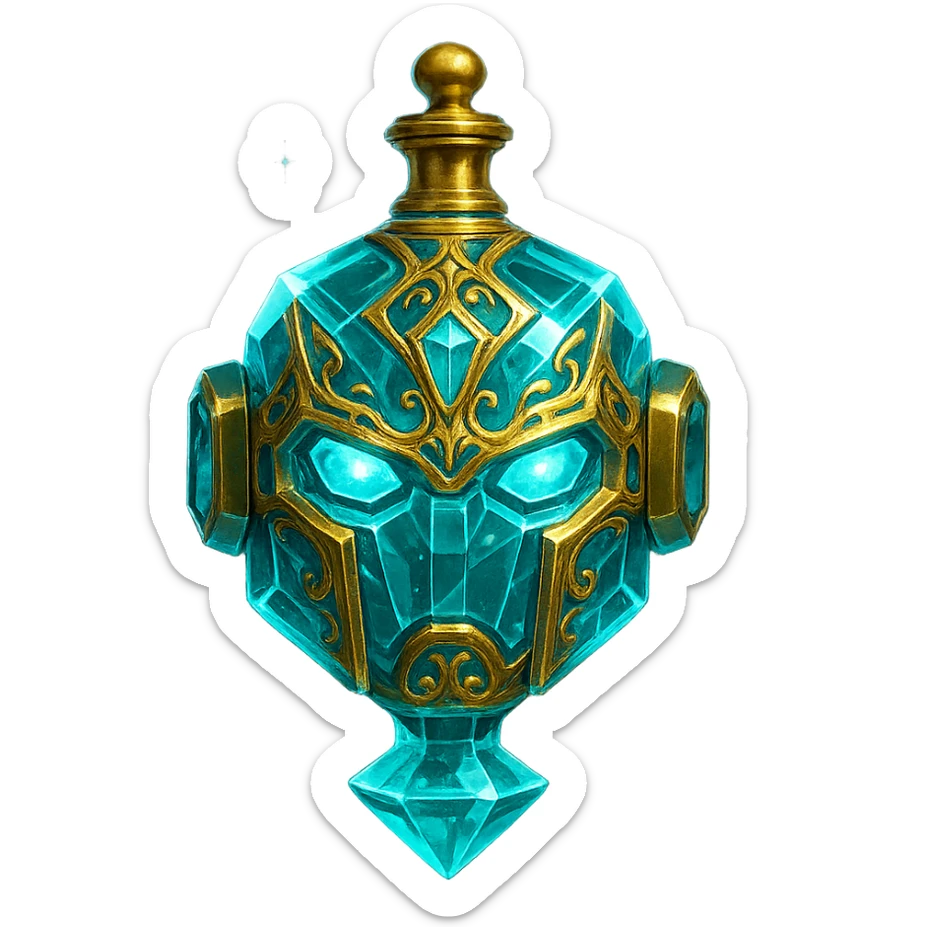 very luxurious crystal elixir bottle in the shape of a robot head, cyan color, lots of glowing, edges, ornaments, golden details, magical effects, very small golden neck, transparent background, beautiful merging bottom, clearly floating in the air, no base or shadow, premium class, futuristic, matching the collection sticker
