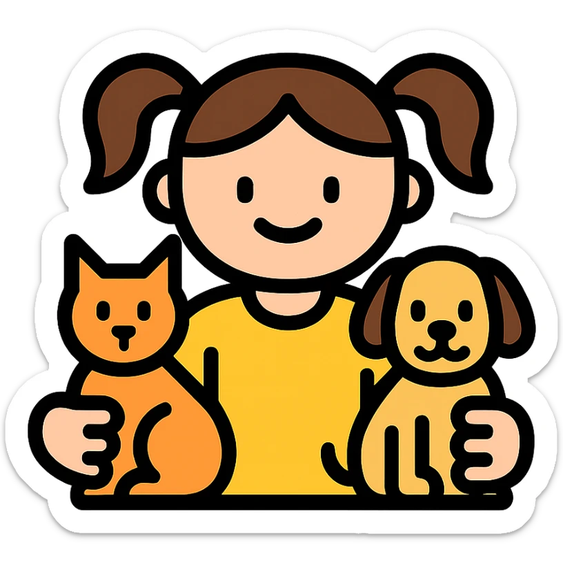 small girl with pigtails holding a cat in one arm and a dog in the other, icon style, clean outline, cheerful expression sticker