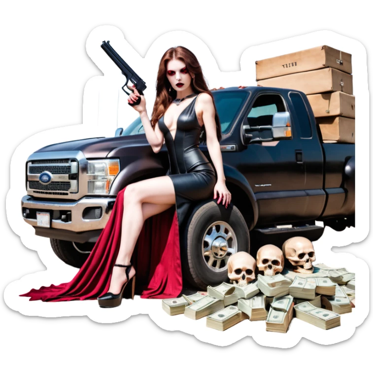 Lilith symbol red eye seductress evil long brown haired sexy succubus woman with leather long dress with slit, sitting in Big Large F350 pickup truck. Black Platform high heels on feet. Back of truck full of stacks of cash, sitting behind her is  a human skull with a gun in other hand sticker