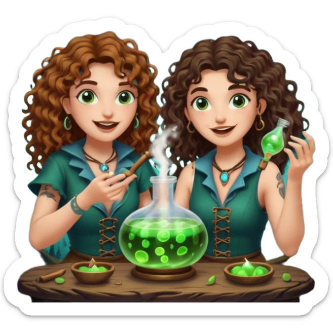 forest alchemist duo two women curly long hair tattooed and short brown mullet mixing glowing moon potion together excited faces sticker