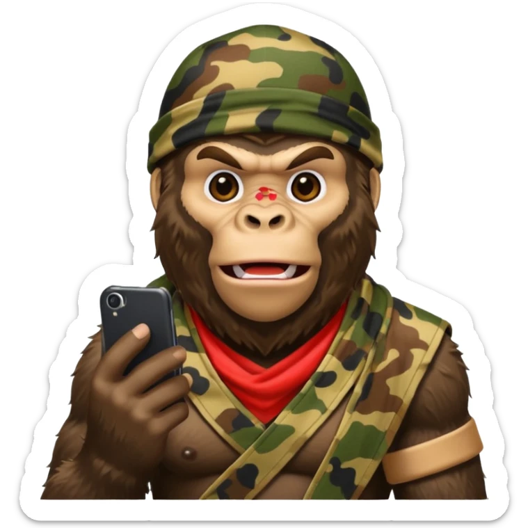King Kong with a cell phone emojie wearing a camouflage bandana sticker