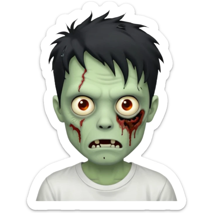 Rosto de frente classico de zombie boca meio torta cabelos medios pretos bagunçados low fade com pele verde clara camiseta branca sticker