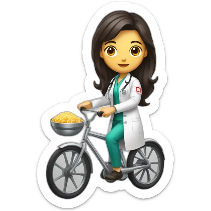 long and dark hair female doctor with a ramen bowl in her hand and riding a chrome bicycle sticker