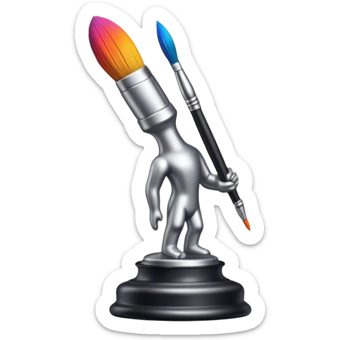 Metal painting icon, fine paintbrush painting a detailed metal statuette or vase with bright, vivid colors, visible strokes and intricate patterns, no finished artwork, just the painting process, minimalistic style, clean lines, transparent background. sticker