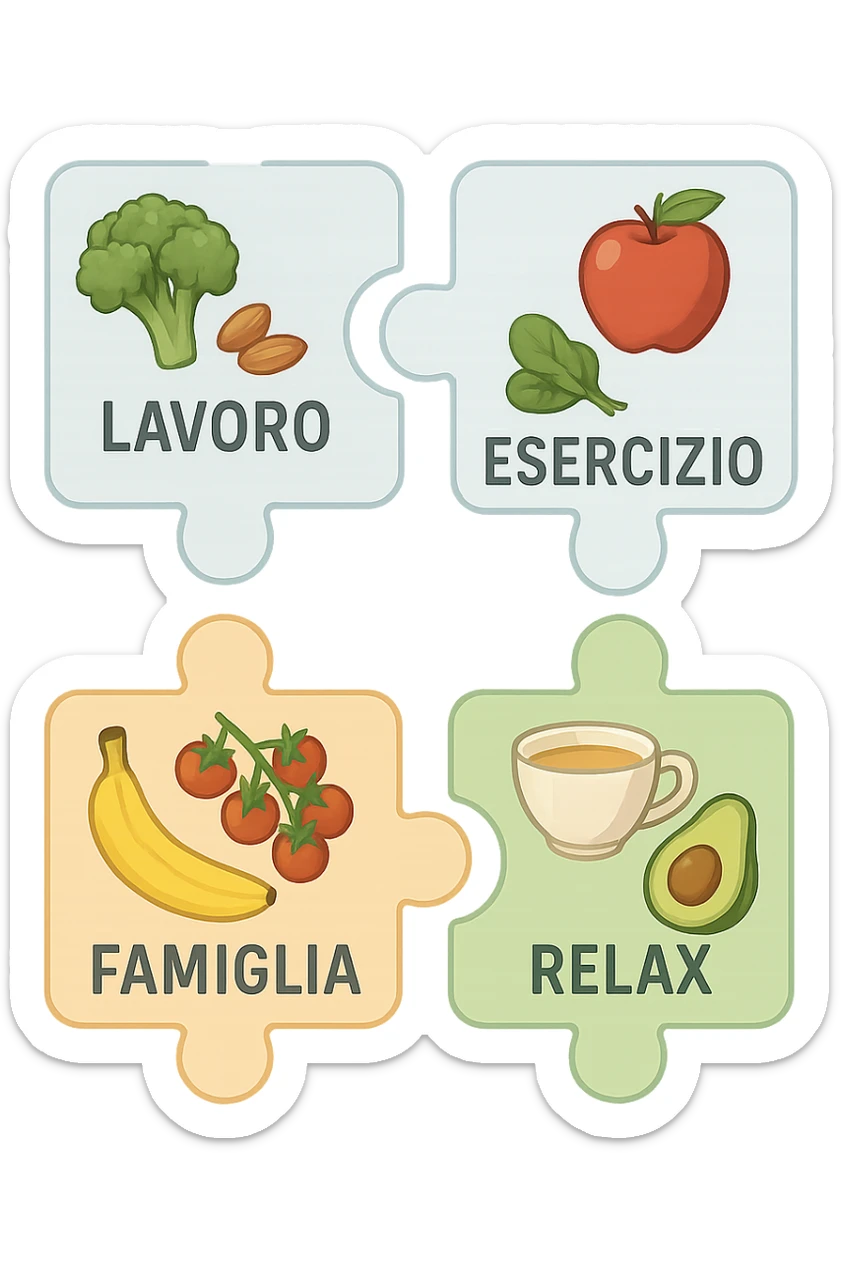 Puzzle (Lavoro, Esercizio, Famiglia, Relax), and healthy foods are integrated into each piece. in italiano sticker