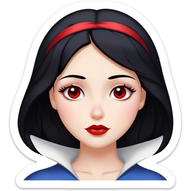 Cinematic Majestic Snow White Portrait Emoji, rendered in a clean, vector-style with bold, simplified shapes. Show Snow White with a serene, noble expression, radiant porcelain skin, and elegantly styled raven hair accented with subtle red highlights, her attire simple yet refined. The design radiates a majestic, pure glow with high shine and a soft glowing outline, embodying classic royal beauty. sticker