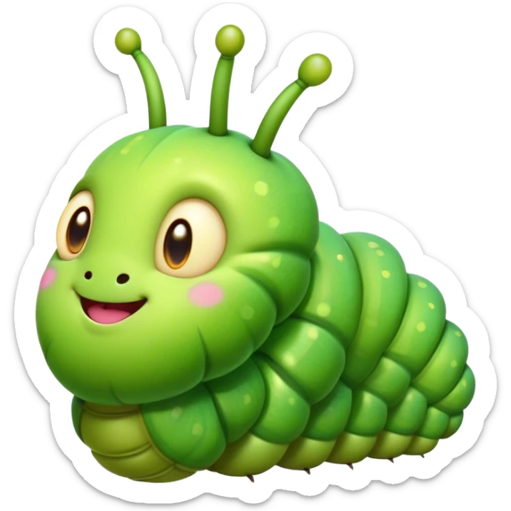 Cinematic Realistic Cute Caterpillar Portrait Emoji, Head tilted playfully and inquisitively, featuring a compact, segmented body in bright, vibrant green with delicate, inviting textures and a charming, rounded face with sparkling eyes full of curiosity, rendered with lifelike detail and natural highlights, high shine, affectionate and spirited, styled with a touch of garden whimsy, soft glowing outline, capturing the essence of a mischievous yet lovable caterpillar that seems poised to crawl cheerfully into your arms! sticker