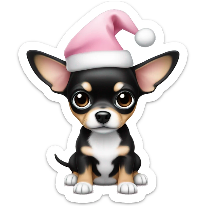 black & tan chihuahua puppy full body light blue eyes pink christmas hat on sticker