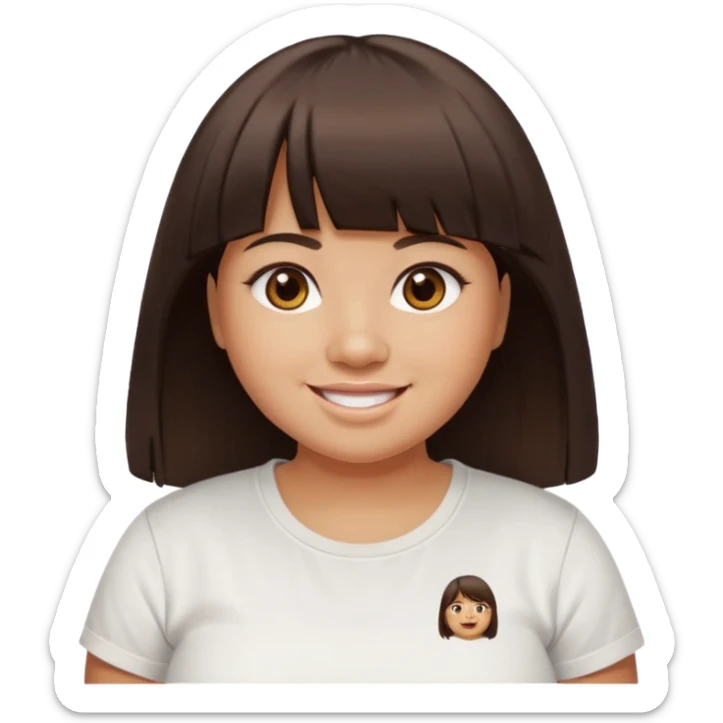 27 year old woman with tan skin, long dark brown hair with blunt cut bangs, chubby face, brown eyes, smiling without teeth showing, white tee shirt sticker