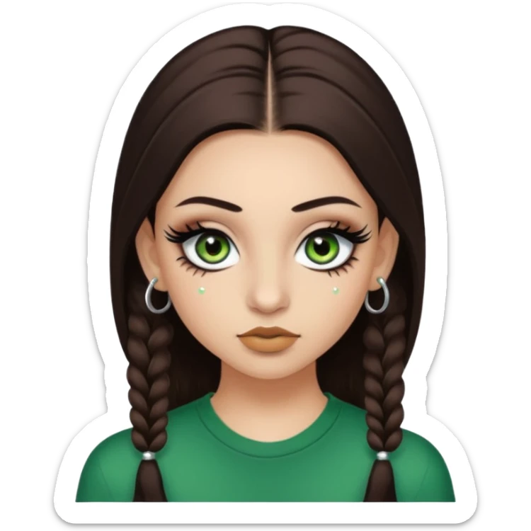 Y2k style Girl with: long, straight dark brown hair, green/ hazel eyes, nostril and septum piercing, fake eyelashes and eyeliner sticker