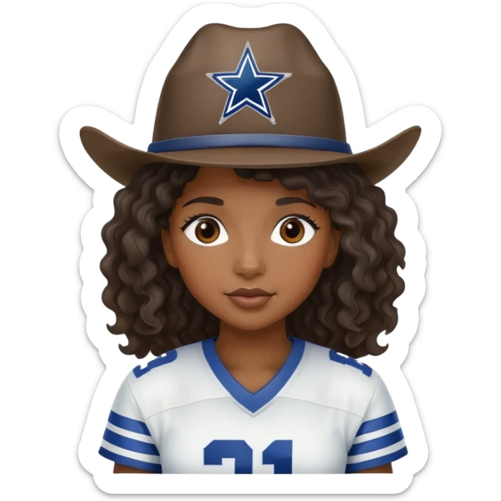 Black girl with wavy hair and a cowboys football hat sticker